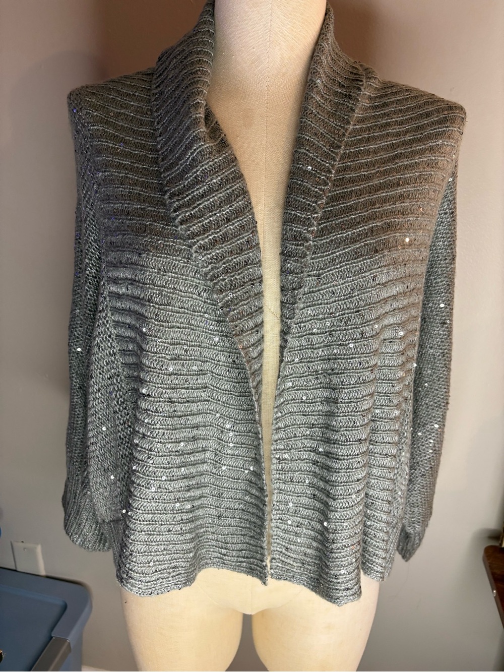 Ashley Stewart Gray Ribbed Open-Front Shawl Collar Cardigan with Sparkle